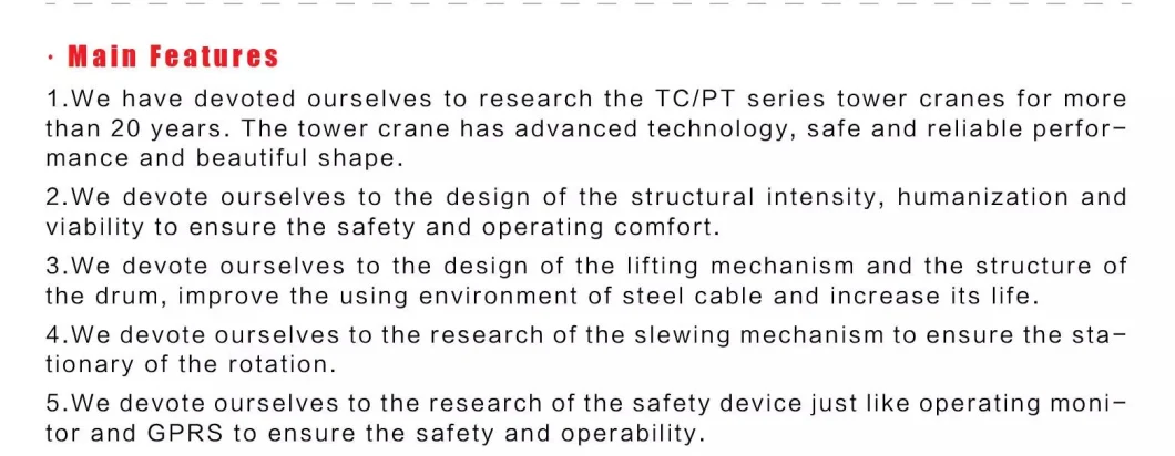 Working Radius 55m Lifting Height 140m Max 6t Tower Crane